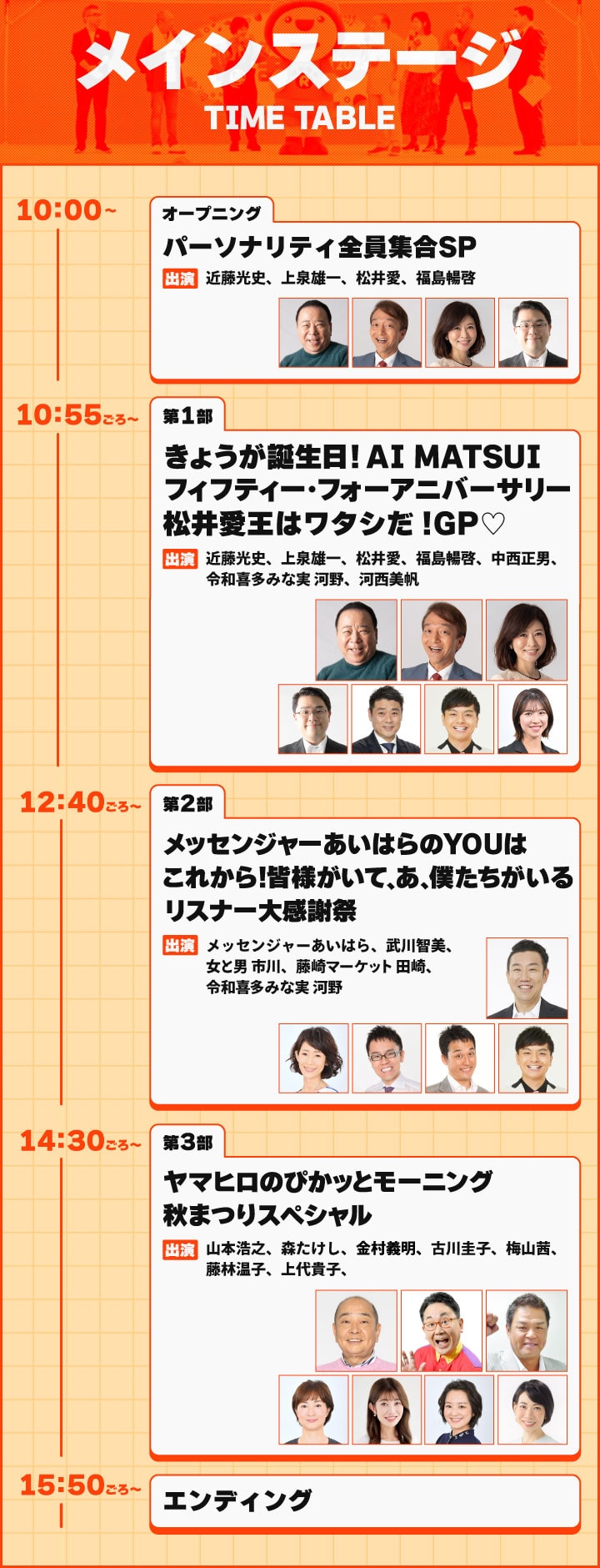 タイムテーブルメインステージ10：00～オープニング「パーソナリティ全員集合ＳＰ」10：55～第１部「きょうが誕生日！AI MATSUI フィフティー・フォー アニバーサリー 松井愛王はワタシだ!GP♡」12：40～第2部「メッセンジャーあいはらのYOUはこれから！皆様がいて、あ、僕たちがいる　リスナー大感謝祭」14：30～第3部「ヤマヒロのぴかッとモーニング　秋まつりスペシャル」