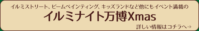 イルミストリート、ビームペインティング、キッズランドなど他にもイベント満載のイルミナイト万博Xmas 詳しい情報はコチラへ
