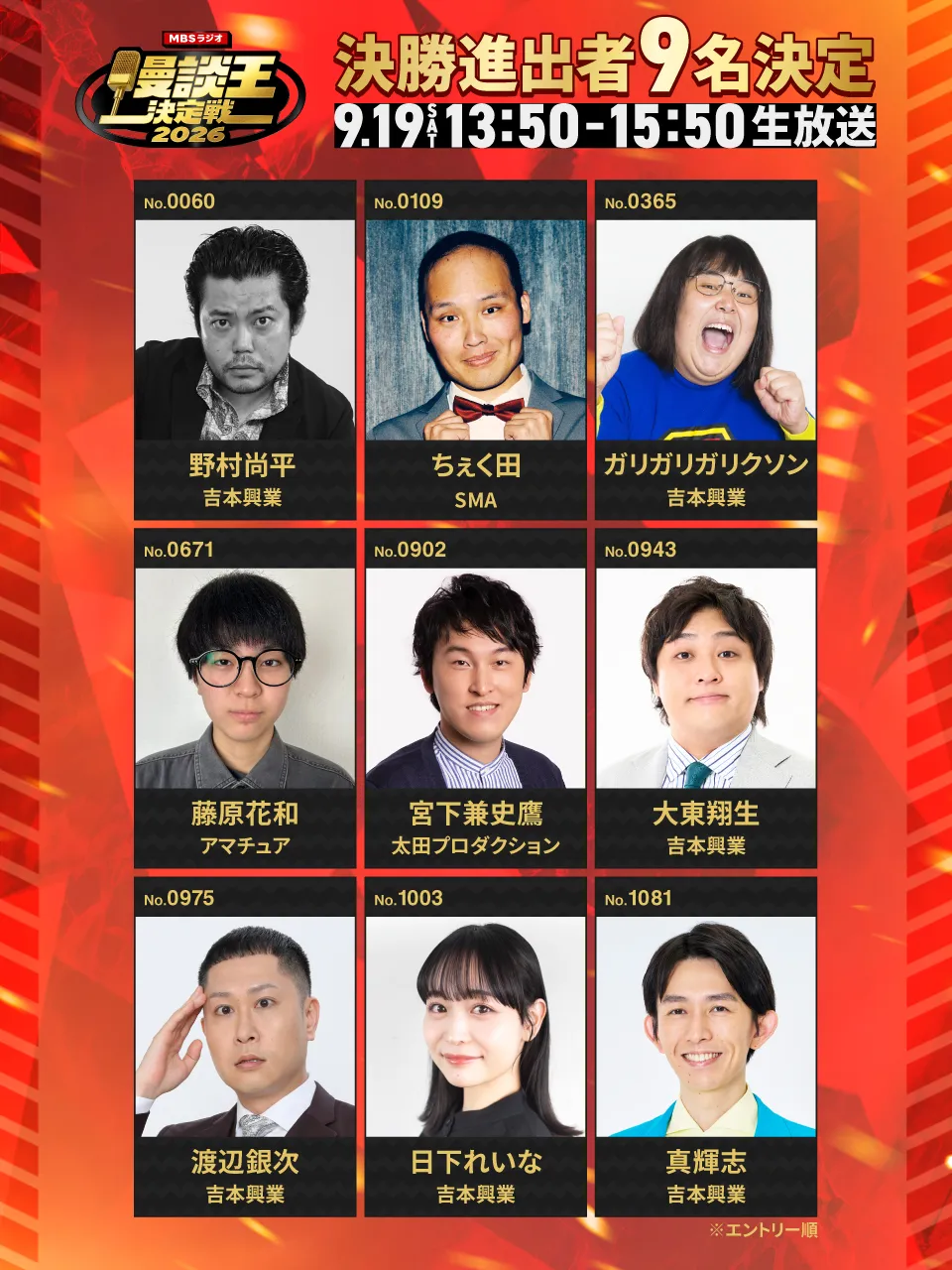 エントリーNo．60　野村尚平（吉本興業）エントリーNo．109ちぇく田（SMA）エントリーNo．365　ガリガリガリクソン（吉本興業）エントリーNo．671　藤原花和（アマチュア）エントリーNo．902　宮下兼史鷹（太田プロダクション）エントリーNo．943　大東翔生（吉本興業）エントリーNo．975　渡辺銀次（吉本興業）エントリーNo．1003　日下れいな（吉本興業）エントリーNo．1081　真輝志（吉本興業）