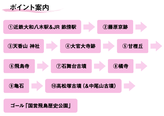 1近鉄大和八木駅&JR畝傍駅→2藤原京跡→3天香山神社→4大官大寺跡→5甘樫丘→6飛鳥寺→7石舞台古墳→8橘寺→9亀石→10高松塚古墳(&中尾山古墳)→ゴール「国営飛鳥歴史公園」